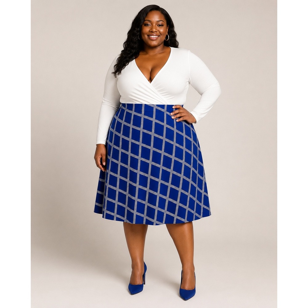Ava & Viv 1X Navy Blue White Grid Plaid Midi Skirt Plus Size Rayon Elastic Waist